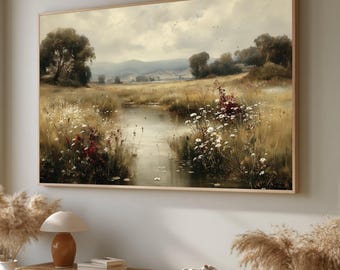 Tranquil Meadow Stream Canvas, Wildflowers and Trees Landscape, Rustic Nature Scene Wall Art, Countryside River View Decoration #0287