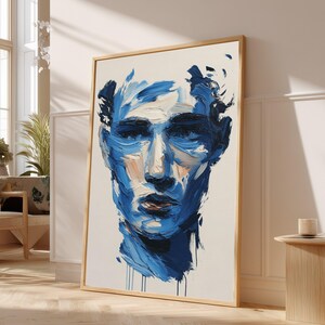 Abstract Blue Face Portrait Canvas, Modern Expressionist Wall Art, Oil Painting Style, Contemporary Home Decor #0612