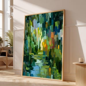 Tranquil Forest Stream Canvas, Abstract Nature Landscape, Greenery Wall Art, Modern Home Decor, Calm Water Reflection Canvas #0238