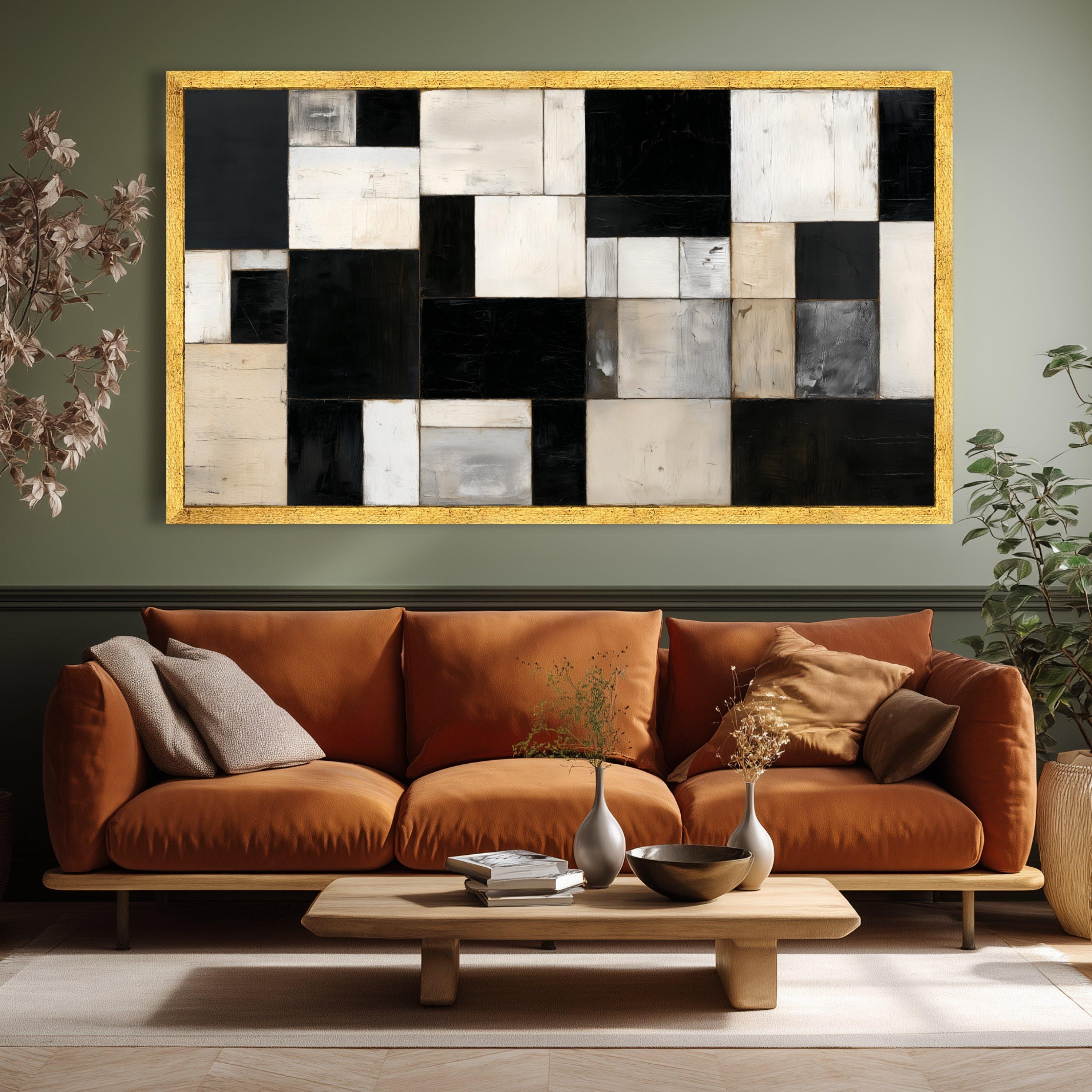 Modern Black and White Abstract Canvas, Geometric Block Wall Art ...