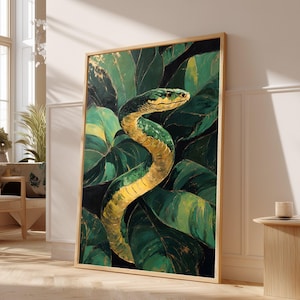 Lienzo de serpiente verde entre hojas tropicales, arte mural de vida silvestre, ilustración botánica, decoración del hogar con reptiles exóticos #0312
