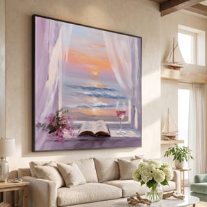 Atardecer sereno junto al mar, lienzo con ventana abierta, olas relajantes del océano, escena de libro y copa de vino, decoración acogedora para el hogar #0279