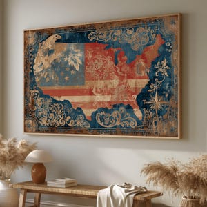Mapa vintage dos EUA em tela para decoração de parede, com design de águia e bandeira americana, decoração patriótica para casa, mapa rústico do país em tela #0661