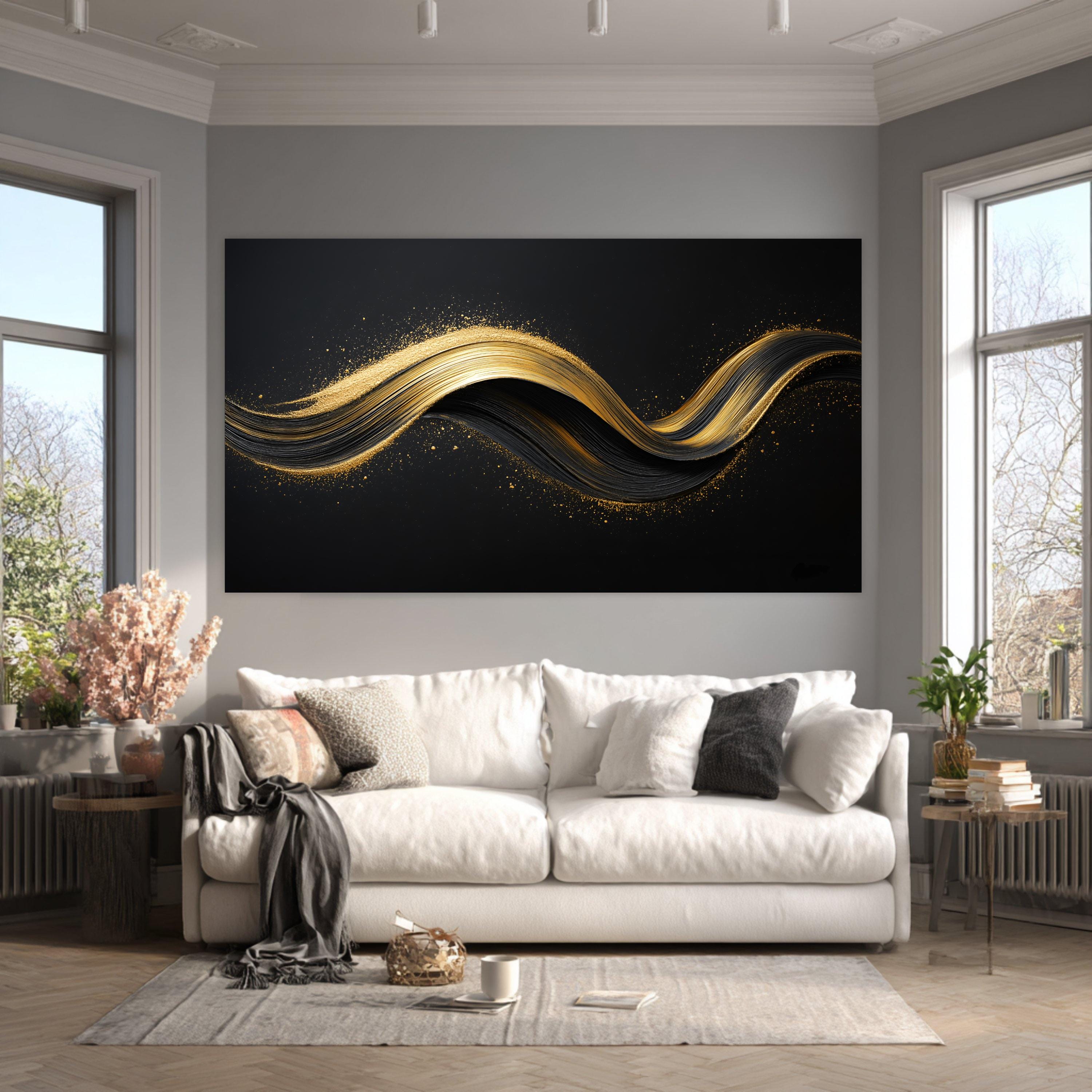 Elegant Gold and Black Abstract Wave Canvas, Modern Luxury Wall Art ...