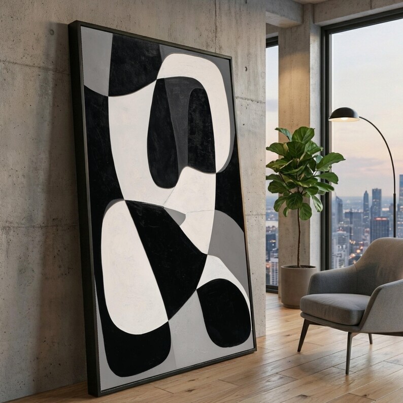 Modern Black and White Abstract Canvas, Geometric Shapes Wall Art ...