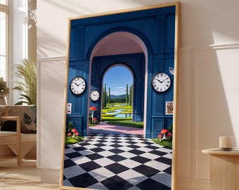 Surreal Archway View Canvas, Checkerboard Floor Wall Art, Blue Interior Scene, Time Clocks and Mushrooms, Fantasy Landscape Canvas #0493