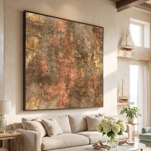 Abstraktes Leinwandbild in Antikgold-Rost, Vintage-Patina-Wandkunst, metallisch-kupferfarbene Wohndekoration, rustikales urbanes Leinwanddesign, moderner Industriestil #0737