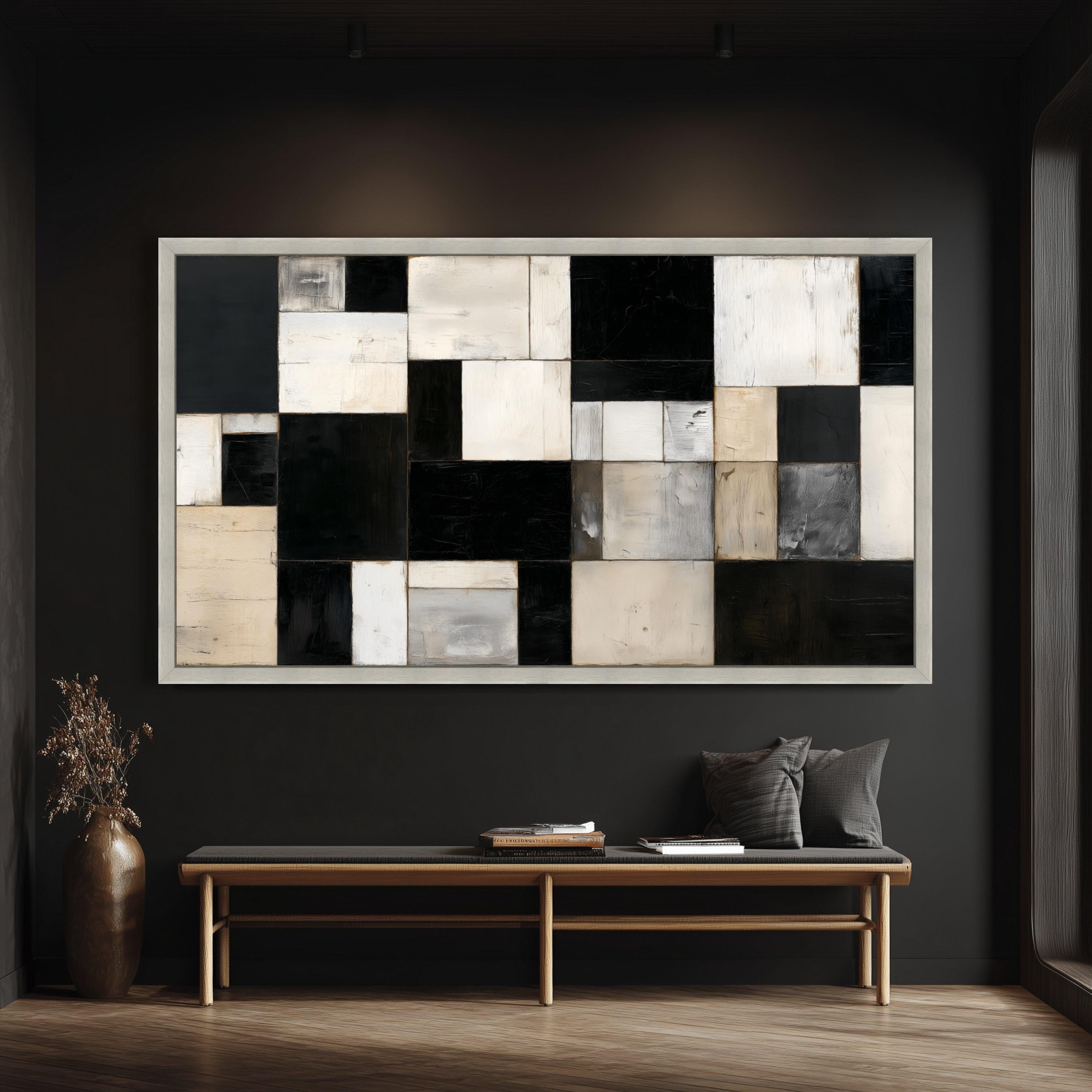 Modern Black and White Abstract Canvas, Geometric Block Wall Art ...