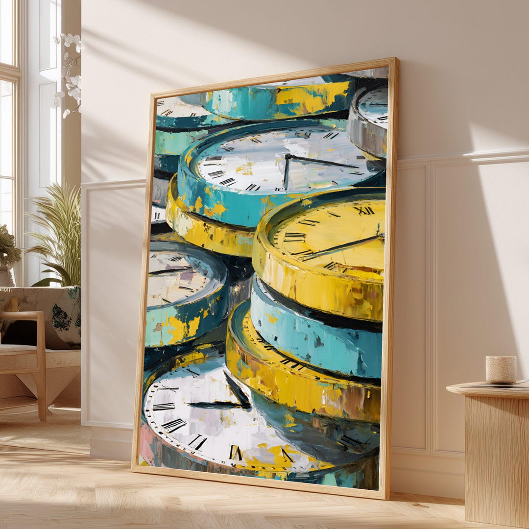 Stacked Vintage Clocks Canvas, Abstract Timepiece Painting, Retro Roman ...