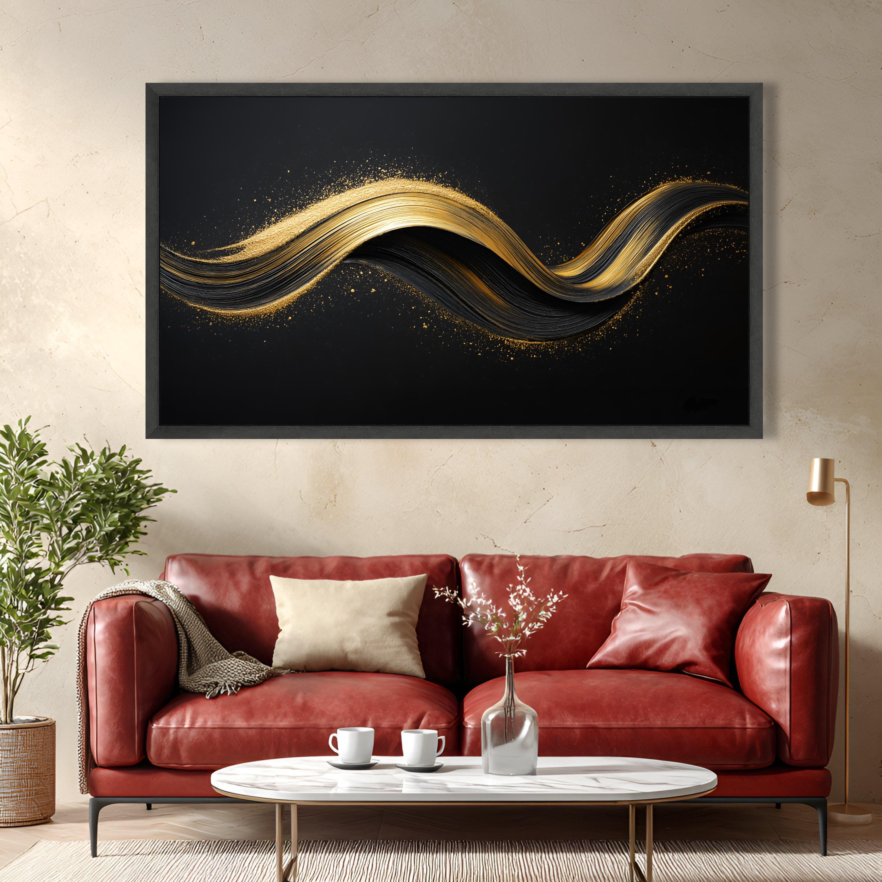 Elegant Gold and Black Abstract Wave Canvas, Modern Luxury Wall Art ...