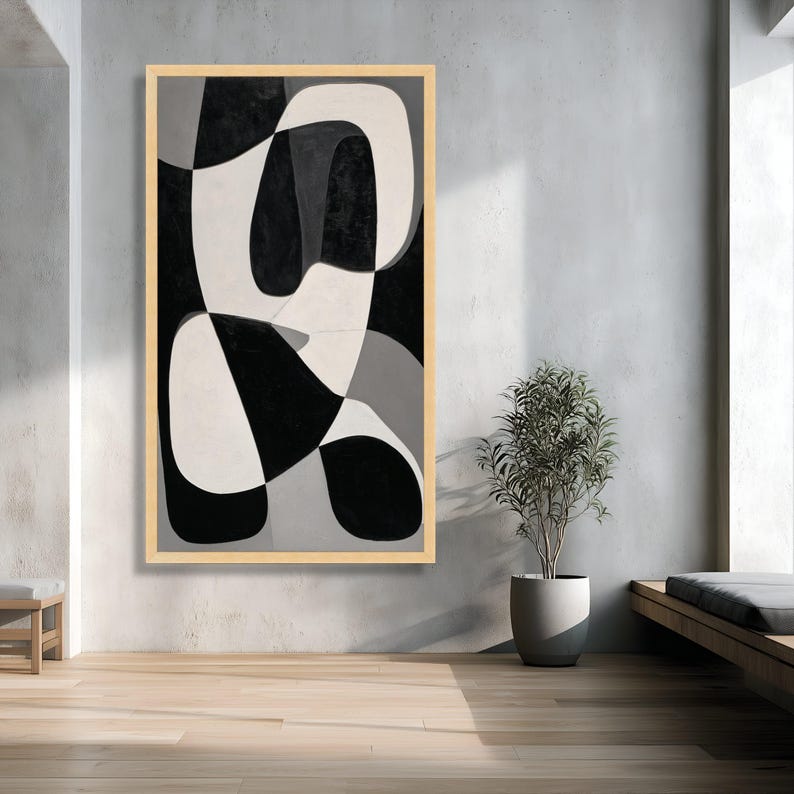 Modern Black and White Abstract Canvas, Geometric Shapes Wall Art ...