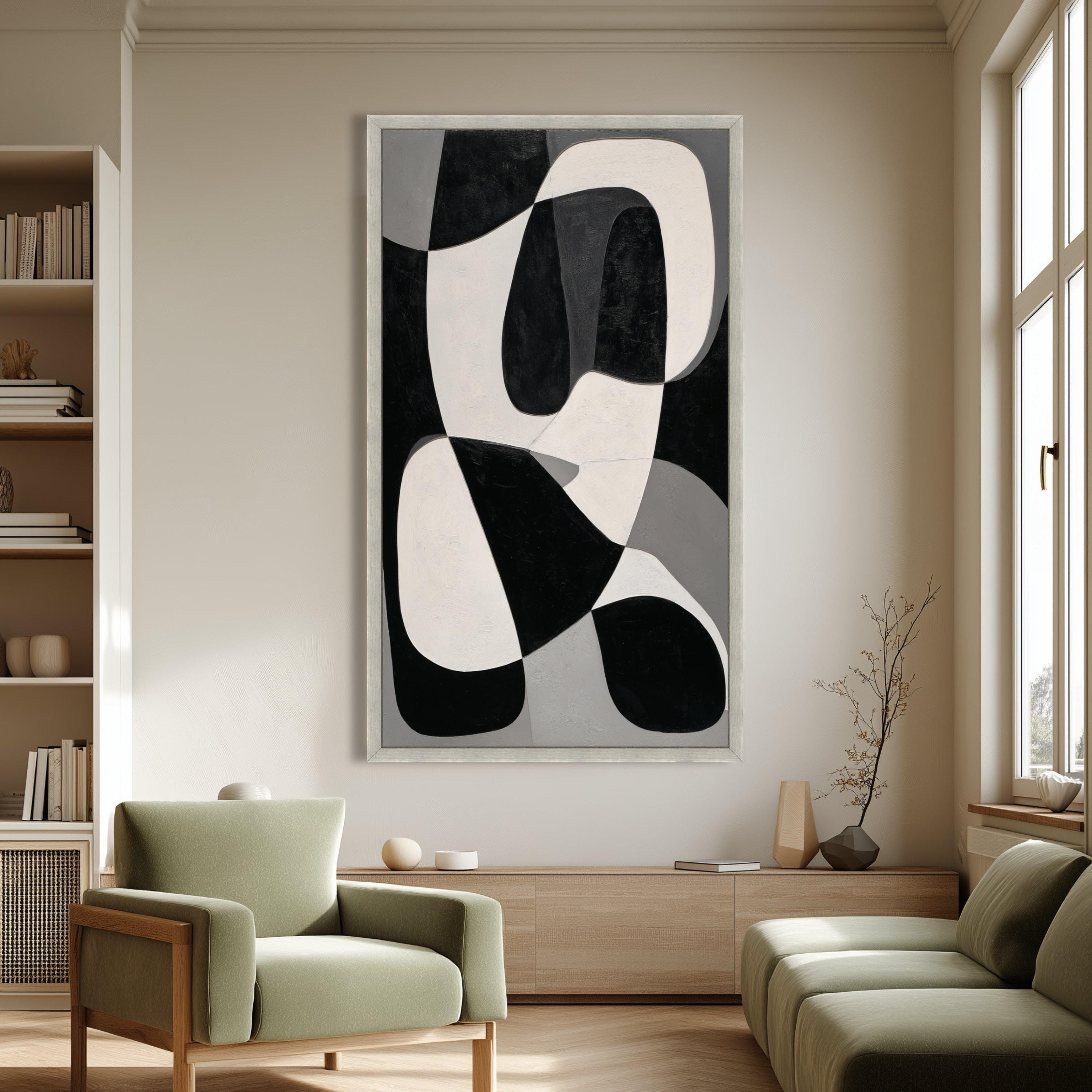 Modern Black and White Abstract Canvas, Geometric Shapes Wall Art ...