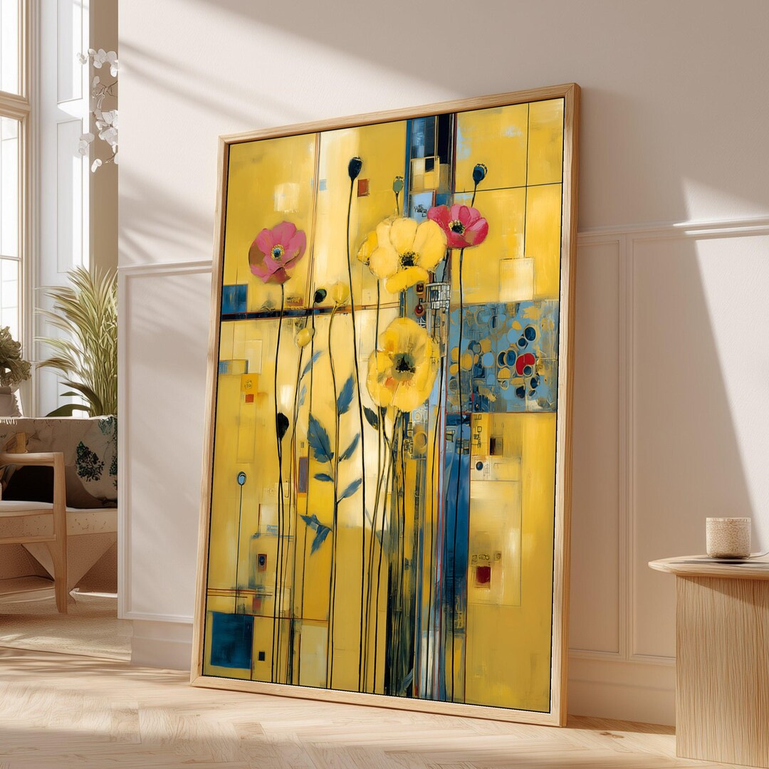 Abstract Floral Canvas Wall Art, Yellow and Blue Modern Flowers ...