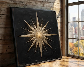 Vintage Nautical Compass Rose Canvas, Gold Star Wall Art, Antique Maritime Decor, Elegant Navigation Symbol, Dark Background Canvas #0142
