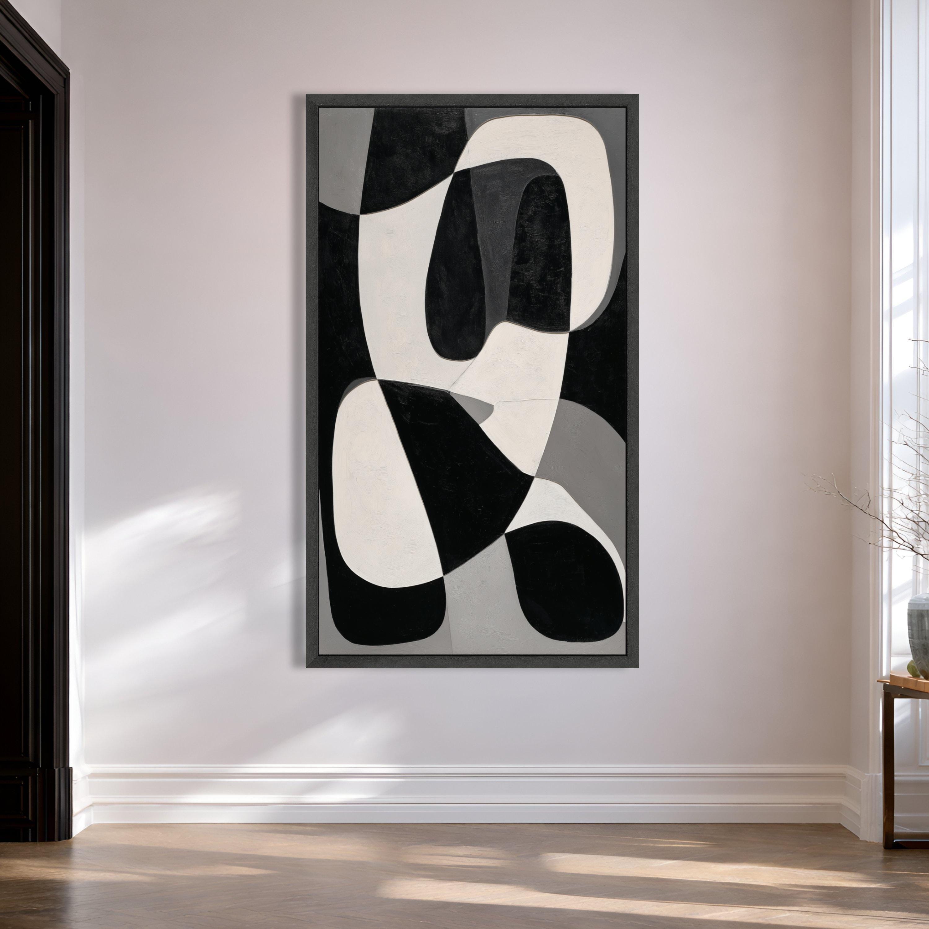 Modern Black and White Abstract Canvas, Geometric Shapes Wall Art ...