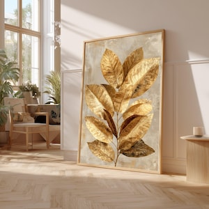 Golden Leaves Branch Canvas Wall Art, Metallic Botanical Print, Elegant Nature Wall Decor, Luxe Home Decoration #0757