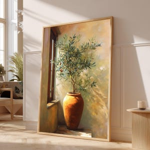 Mediterranean Olive Tree Canvas Wall Art, Potted Plant Painting, Sunlit Interior Decor, Rustic Home Decoration, Botanical Canvas Print #0091