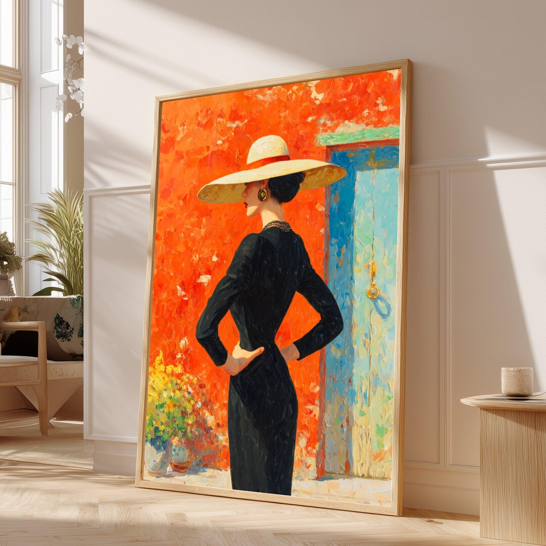 Elegant Woman in Black Dress, Vintage Fashion Wall Art, Wide Brim Hat ...