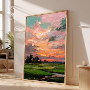 Levendig zonsonderganglandschap op canvas, impasto olieverfschilderijstijl, groene velden muurdecoratie, kleurrijke lucht huisdecoratie #0213