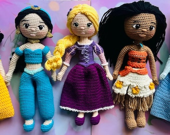 Handmade Crochet Princess Doll, Amigurumi Disney Inspired Plush, Fairy Tale Doll for Girls, Snow White Jasmine Rapunzel Moana Cinderella