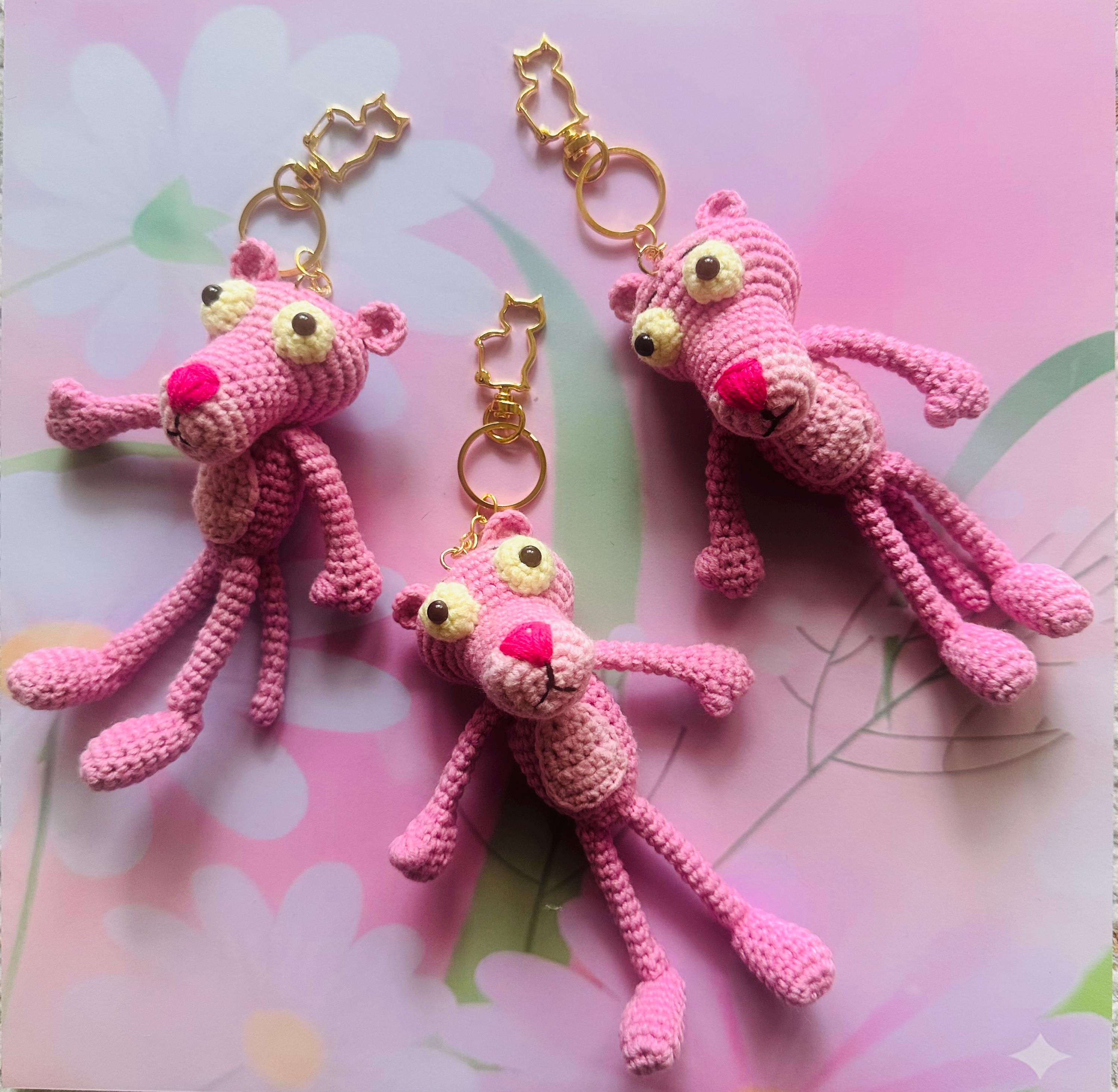 Handmade Crochet Pink Panther Keychain, Amigurumi Cartoon Bag