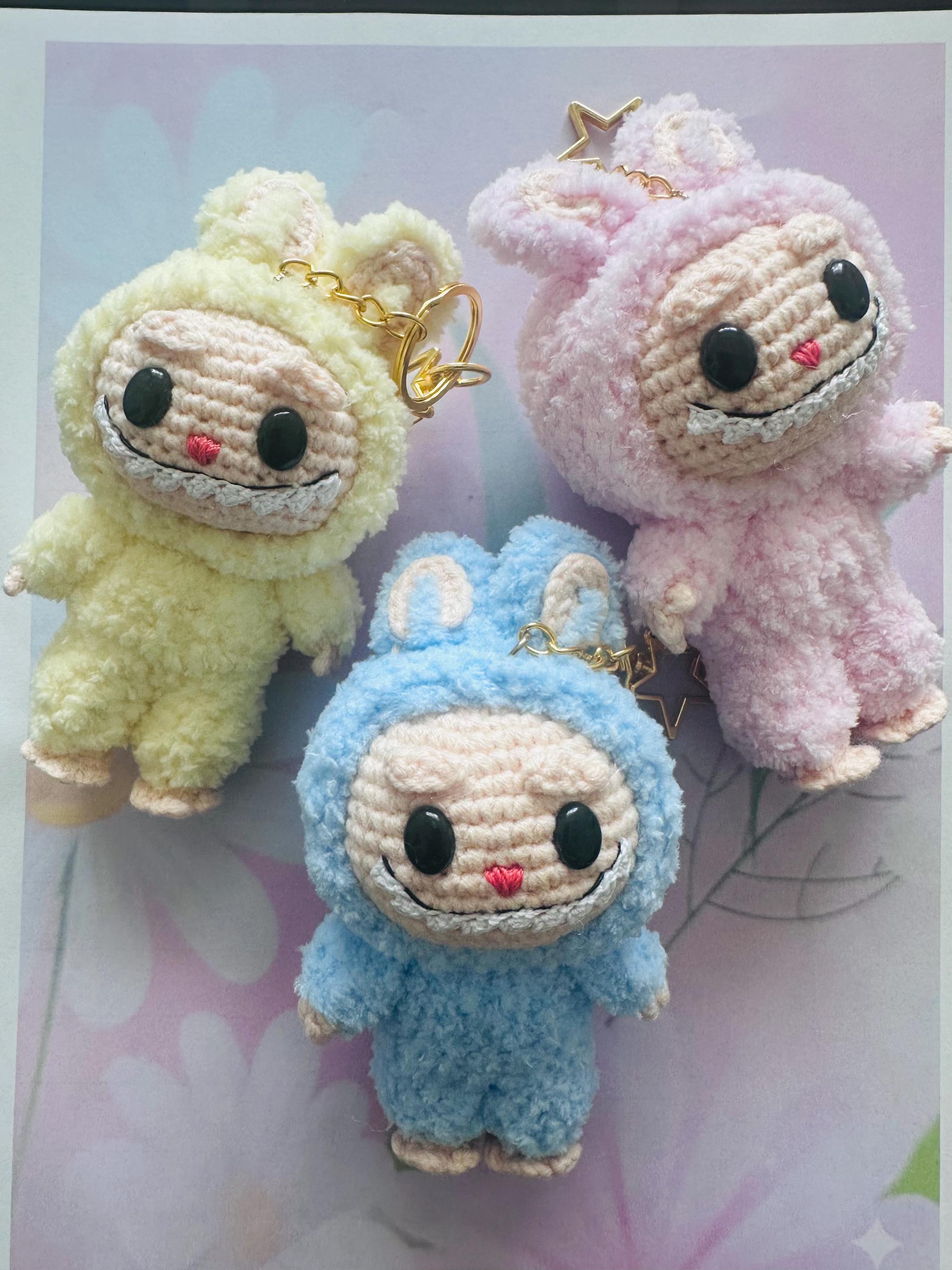 Pink Labubu head crystal bling plush bag charm, key chain  Cute White and Pink Labubu Bag Charm display picture 1