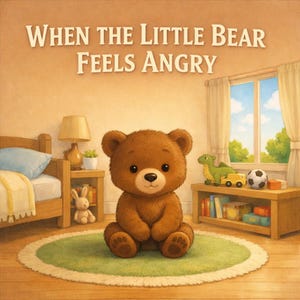 Könnte beinhalten: Kinderbuchcover mit dem Titel "When The Little Bear Feels Angry". Ein brauner Teddybär sitzt auf einem grünen Teppich in einem Kinderzimmer. Das Zimmer umfasst ein Bett, Nachttische und Spielzeug.