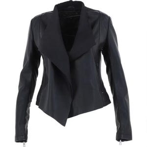 May include: A black leather jacket with a unique asymmetrical collar design. The jacket features long sleeves with zippers at the cuffs and a tailored fit. The front has a draped, open style, and the overall aesthetic is modern and edgy.
