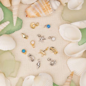 May include: A collection of small, beach-themed charms in gold and silver tones, including seashells, starfish, and opalescent stones. The charms are displayed among seashells and sea glass on a neutral fabric background.