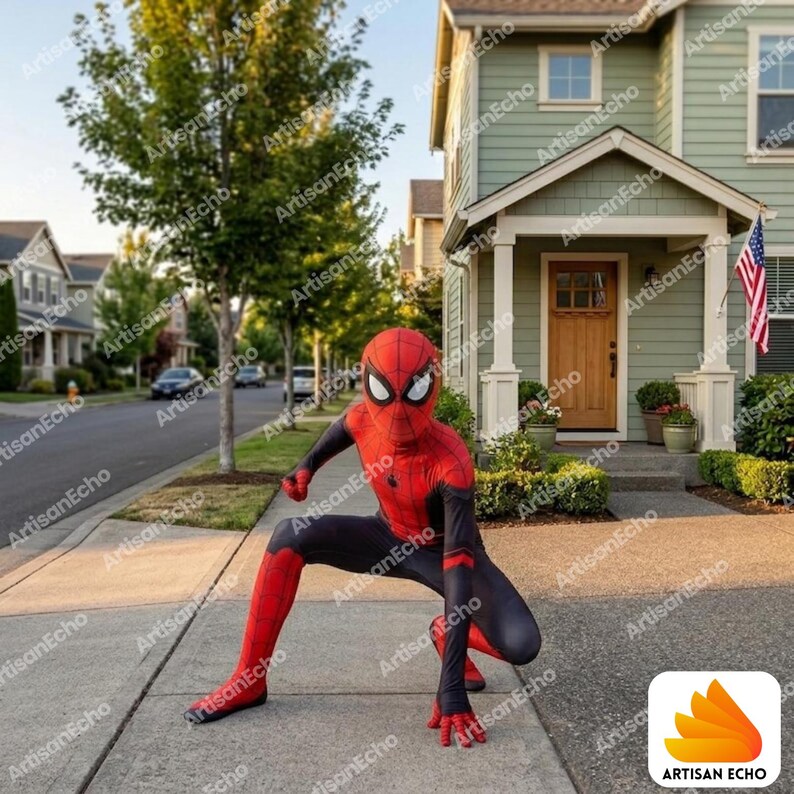 May include: A full-body Spider-Man costume featuring a red and black colour scheme with a web pattern on the red sections, large white eye lenses, and a fitted silhouette, shown in a crouched pose on a concrete pavement in front of a house.