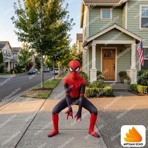 May include: A full-body Spider-Man costume featuring a red and black colour scheme with a web pattern on the red sections. The suit includes a matching full-head mask with large white eye lenses, long sleeves, and long trousers, worn in a crouched pose.