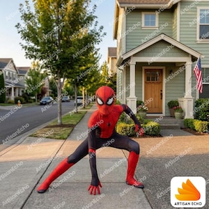 May include: A full-body red and black superhero costume featuring a mask with large white eye lenses, a spider emblem on the chest, and long sleeves. The suit is form-fitting and covers the entire body, including the head, hands, and feet.
