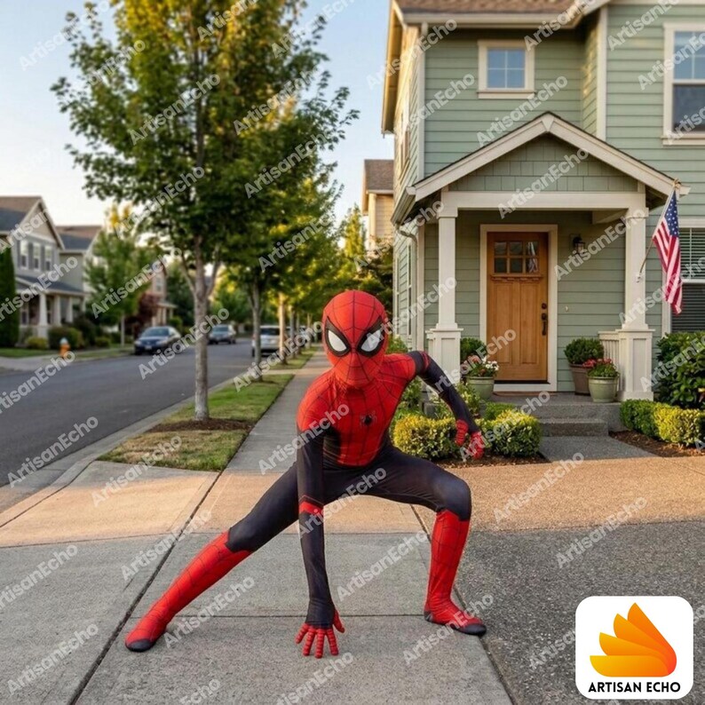 May include: A full-body red and black superhero costume featuring a mask with large white eye lenses, a spider emblem on the chest, and long sleeves. The suit is form-fitting and covers the entire body, including the head, hands, and feet.