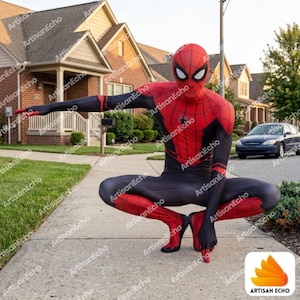 May include: A full-body spandex costume featuring a red and black color scheme with a spider web pattern across the chest and mask. The suit includes a full-face hood with large white eye lenses and long sleeves that extend to the fingertips.