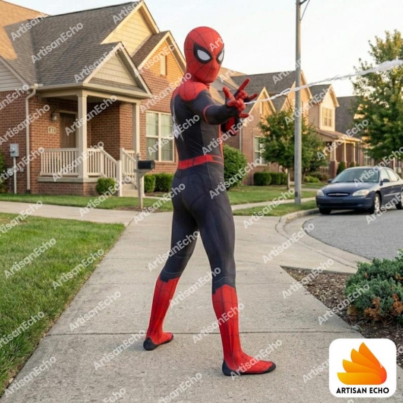 May include: A full-body Spider-Man costume featuring a red and black color scheme with a spider emblem on the chest. The suit includes a matching full-head mask with white eye lenses, long sleeves, and long pants, shown in a dynamic pose on a sidewalk.