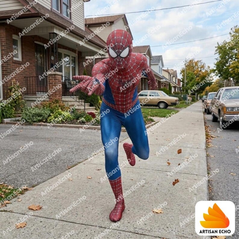 May include: A full-body spandex costume featuring a red and blue color scheme with a black web pattern across the red sections. The suit includes a full-head mask with large white eye lenses, long sleeves, and matching pants, worn in a dynamic pose.
