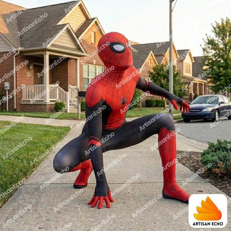 May include: A full-body Spider-Man costume featuring a red and black color scheme with a web pattern on the red sections. The suit includes a full-head mask with white eye lenses, long sleeves, and matching pants, shown in a crouched pose.