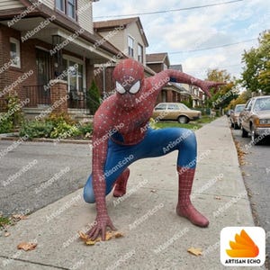 May include: A full-body Spider-Man costume featuring a red and blue spandex suit with a black web pattern. The mask includes large white eye lenses, and the suit covers the torso, arms, and legs, ending in integrated foot coverings for a complete look.