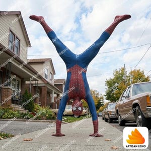 May include: A full-body spandex costume featuring a red and blue color scheme with a black web pattern across the chest and arms. The mask includes large white eye lenses. The suit is shown in a handstand position on a concrete sidewalk.