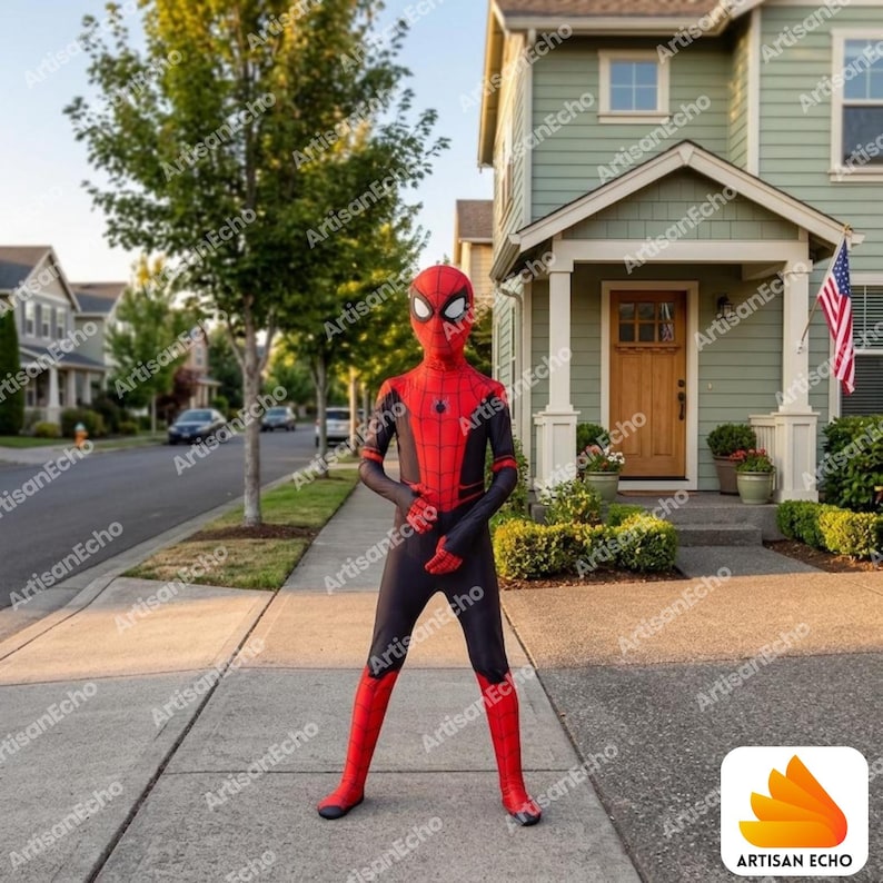 May include: A full-body Spider-Man costume featuring a red and black colour scheme with a prominent black spider emblem on the chest and a web pattern across the red sections. The suit includes long sleeves and trousers with red boots and gloves.