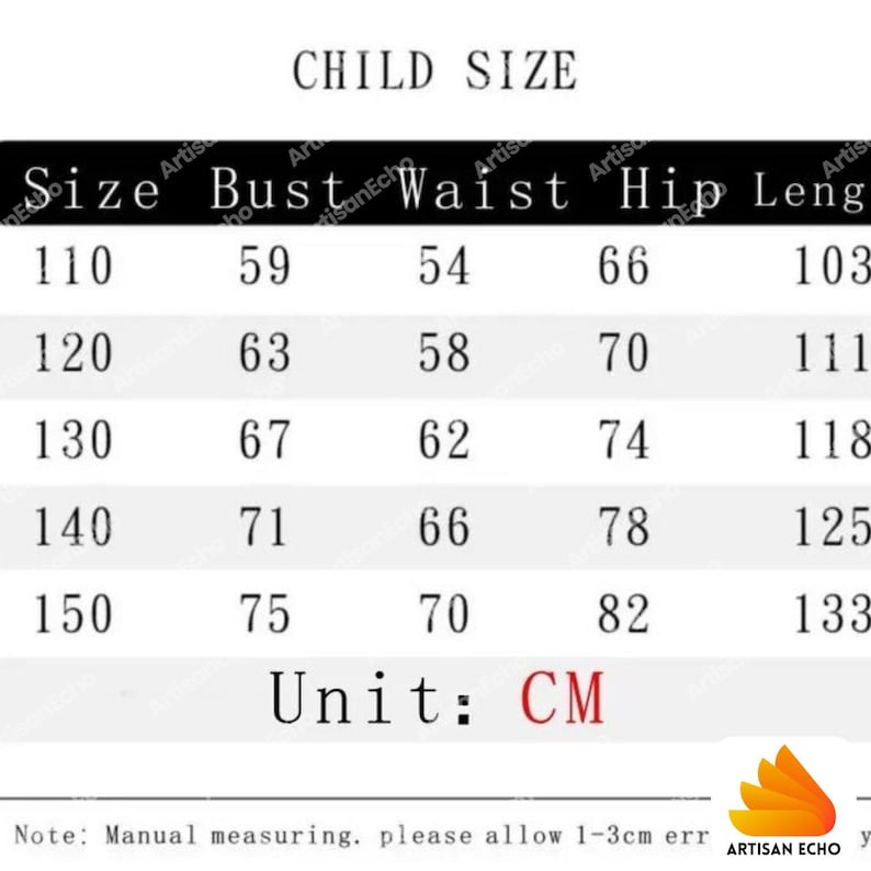 May include: A black and white child size chart with columns for size, bust, waist, hip, and length. The table lists sizes 110 through 150 with corresponding measurements in centimetres. The text at the bottom indicates a 1-3cm manual measurement error.
