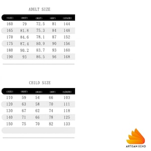 May include: A black and white size chart for adult and child clothing. The table lists measurements in centimeters for size, bust, waist, hip, and length. The text includes headers for ADULT SIZE and CHILD SIZE, and the logo for ARTISAN ECHO.