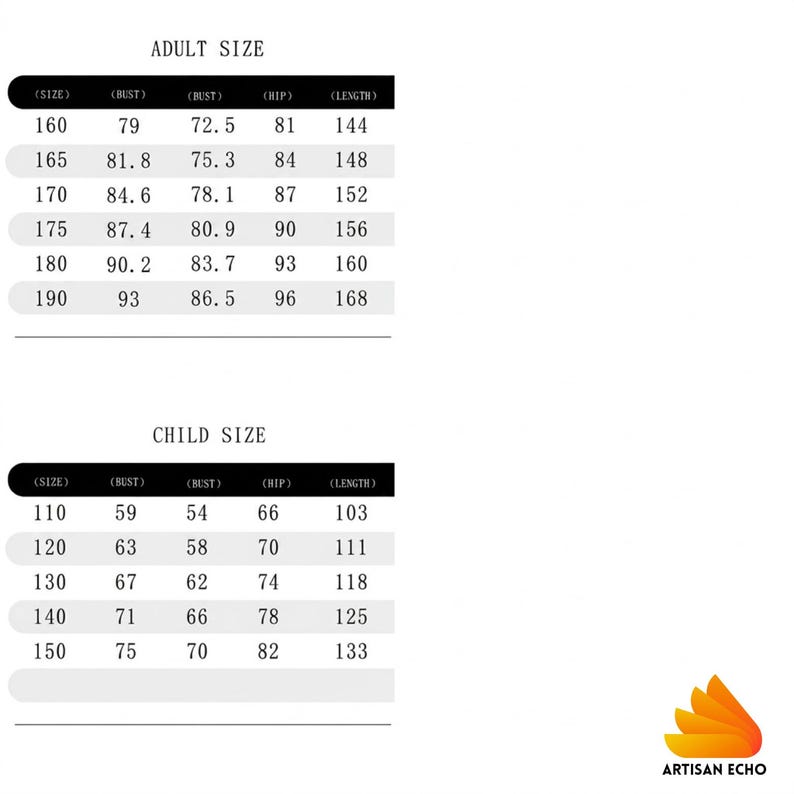 May include: A black and white size chart for adult and child clothing. The table lists measurements in centimeters for size, bust, waist, hip, and length. The text includes headers for ADULT SIZE and CHILD SIZE, and the logo for ARTISAN ECHO.