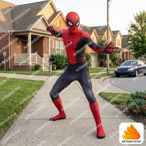 May include: A full-body Spider-Man costume featuring a red and black color scheme with a spider emblem on the chest. The suit includes a matching full-head mask with white eye lenses, long sleeves, and pants, designed in a classic superhero style.