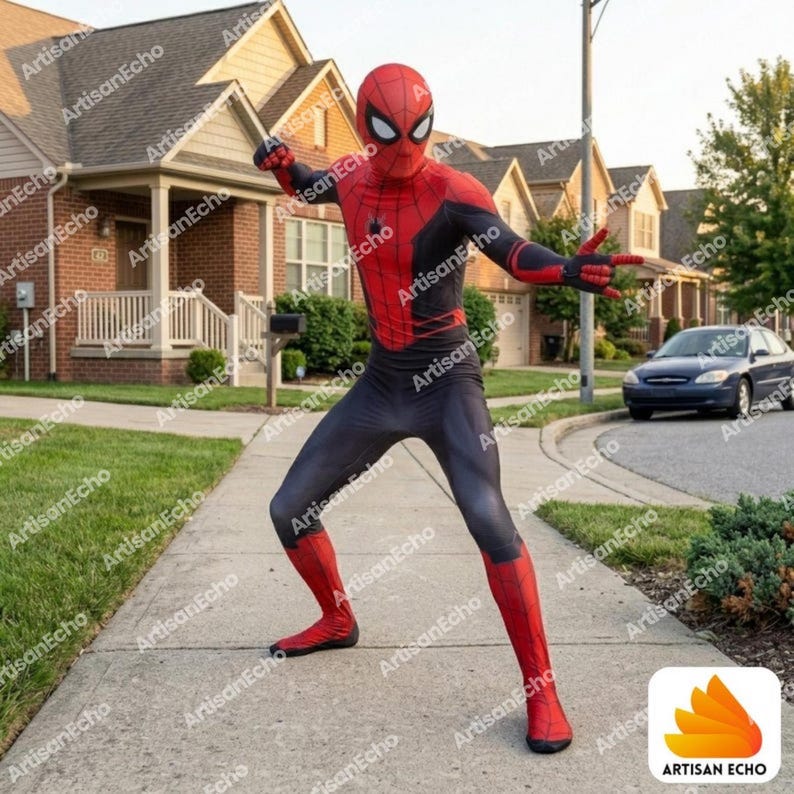 May include: A full-body Spider-Man costume featuring a red and black color scheme with a spider emblem on the chest. The suit includes a matching full-head mask with white eye lenses, long sleeves, and pants, designed in a classic superhero style.