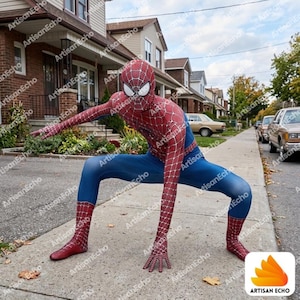May include: A full-body spandex costume featuring a red and blue color scheme with a black web pattern covering the red sections. The suit includes a matching full-head mask with large white eye lenses, designed to cover the entire body from head to toe.
