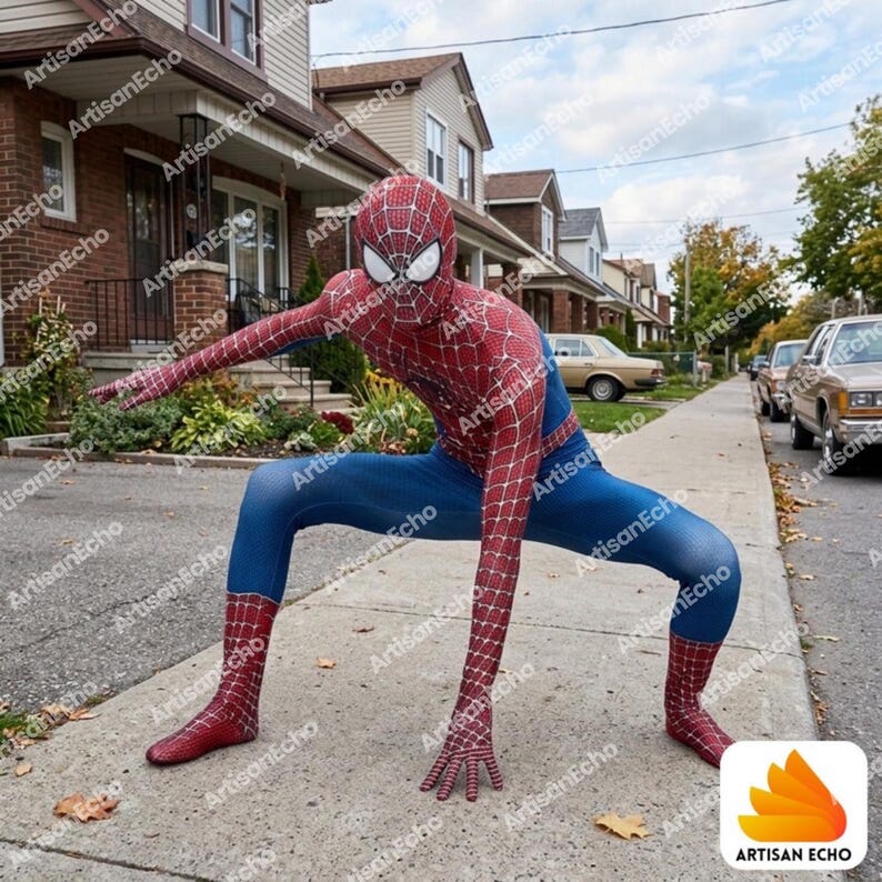 May include: A full-body spandex costume featuring a red and blue color scheme with a black web pattern covering the red sections. The suit includes a matching full-head mask with large white eye lenses, designed to cover the entire body from head to toe.