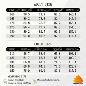 May include: A size chart for adults and children featuring columns for size, bust, waist, hip, and length in centimeters. The table includes rows for sizes 160 to 190 for adults and 110 to 150 for children, with measuring tips at the bottom.