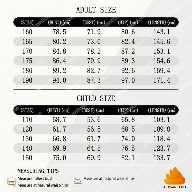 May include: A size chart for adults and children featuring columns for size, bust, waist, hip, and length in centimeters. The table includes rows for sizes 160 to 190 for adults and 110 to 150 for children, with measuring tips at the bottom.