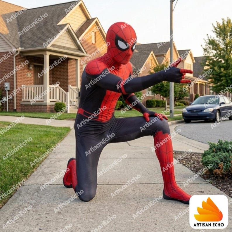 May include: A full-body spandex costume featuring a red and black color scheme with a spiderweb pattern on the red sections. The suit includes a matching full-head mask with large white eye lenses, designed to cover the wearer from head to toe.